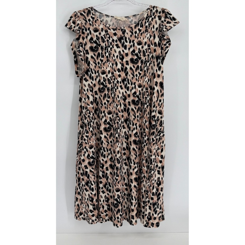 Ninexis Womens Leopard Print Flutter Sleeve Shift Dress Tan Black Sz L